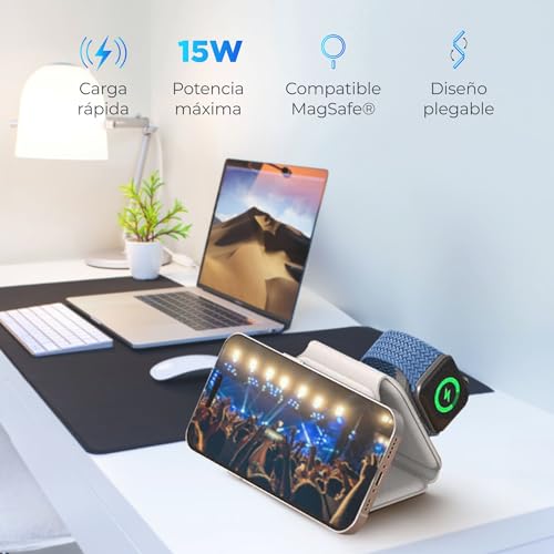 Ksix - Caricatore Wireless Da 3 In 15 W, Pieghevole, Compatibile, Ricarica Rapida, Per Telefoni Qi, Apple Watch E Airpods, Bianco - 2