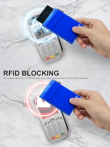 Image of TOYFID Aluminum Wallet for Men - RFID Protected, Scratch Resistant, Large Capacity, Extra Pocket, Sliding Button, Blue