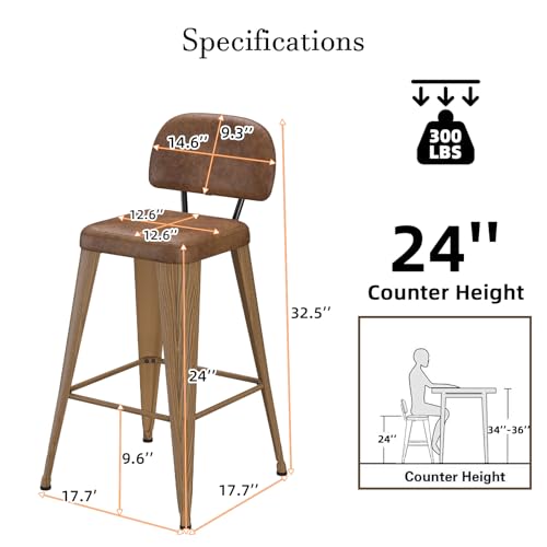 Image of 24 Inch Metal Bar stools Set of 4, Upholstered Counter Height Bar Stools with Removable Back & Metal Legs, Industrial Barstools for Kitchen Island, Cafe (Camel Seat, Wood-Grain Legs)
