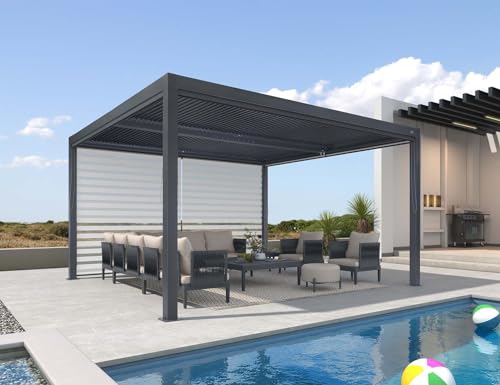 PURPLE LEAF Louvered Pergola 94AS 12' x 14' Outdoor Aluminum Pergola with Shade Screen Adjustable...