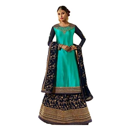 Blå etnisk tungt arbete satin georgette Lehenga topp dupatta kvinnor indisk bröllop snygg klänning 5079, Som visat, M