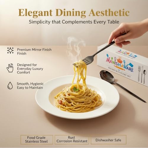 Image of Classic Black 20 Pcs Stainless Steel Cutlery Set for Dining Table, Dishwasher Safe Glossy Flatware (Perfect Spoon Fork Set)