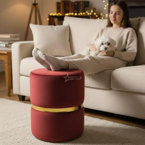 Image of Round Single Strip Upholstered Stool Living Room Foot Rest Linen Fabric Padded Seat Pouf Ottoman Office Stool RED