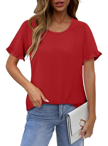 CRAZY GRID Women's Shirts Summer Casual Crewneck Ruffle Short Sleeve Blouses Cute Floral Print Tunic Tops
