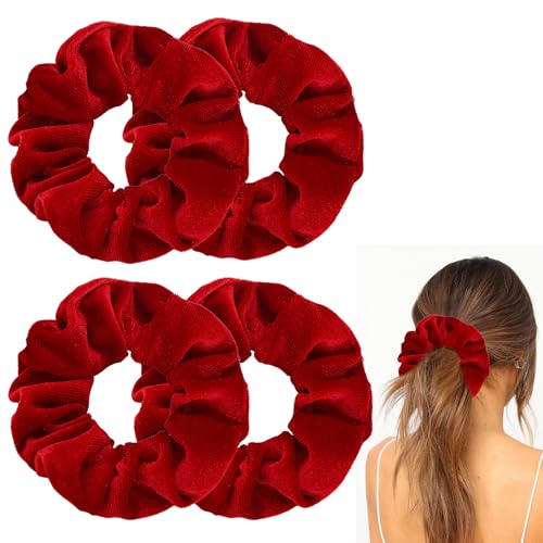 4 elastici per capelli in velluto, grandi, spessi e morbidi, elastici per coda di cavallo, idea regalo per ragazze e donne, accessori per capelli per San Valentino (rosso)