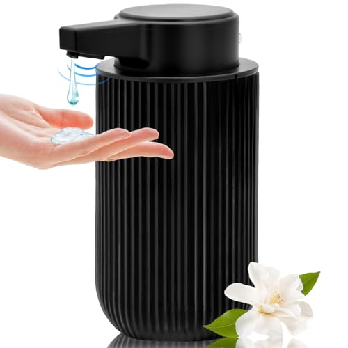 300ml Automatic Touchless Glass Soap Dispenser, Rechargeable Hands Free Ribbed Liquid Soap Dispenser with Electric Sensor Pump, Refillable Soap Bottle for Bathroom Kitchen Dish Countertop (Black)