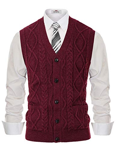 Pj Paul Jones Men's Casual V-Neck Sleeveless Button Down Cable Knit Sweater Vest Burgundy Xl #TOP7
