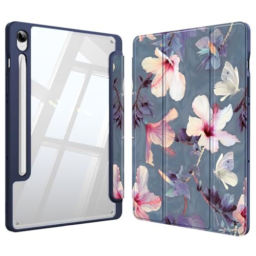 Image of Fintie Hybrid Slim Case for Samsung Galaxy Tab S9 FE 10.9 Inch /Galaxy Tab S9 11 Inch 2023 with S Pen Holder, Shockproof Cover with Clear Transparent Back Shell, Auto Wake /Sleep, Blooming Hibiscus | Tri-Fold Stand, Shockproof TPU Bumper, Auto Wake /Sleep, for Office & Entertainment, Blooming Hibiscus