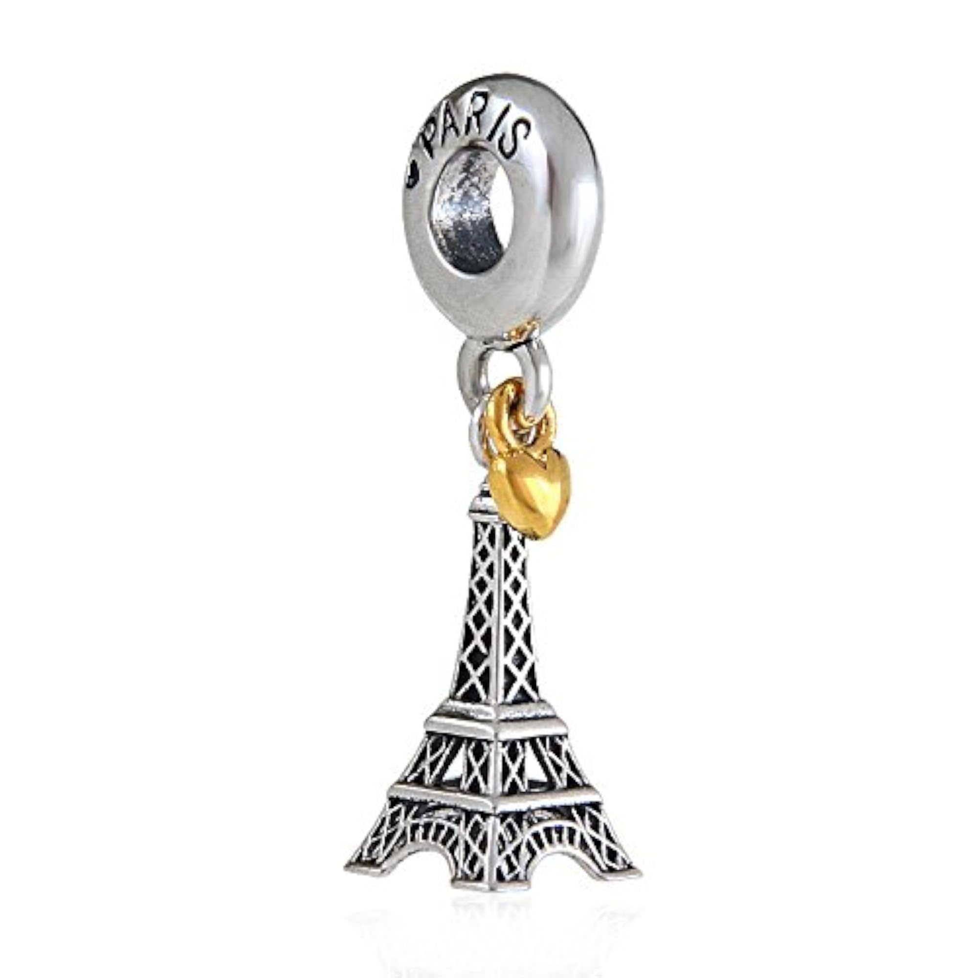 925 Sterling Silver Eiffel Tower with Golden Heart Dangle Beads