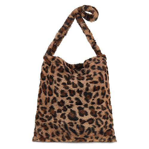 Weewooday Leopard Print Clutch Handbag Plush Faux Fur Tote Bag Women's Fuzzy Tote Bag for Winter (Large)