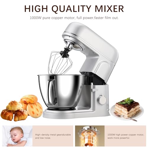Stand Mixer, Electric Food Processor Dough Mixer, 1000W Dough Blender, Kitchen Standing Mixer Grinder for Baking, Food Blender with 5 L Bowl, Dough Hook, Flat Paddle, Lantern Stick, Lid (Silver) - Image 3