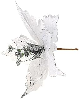 lulalula 6 Pcs Large Glitter Poinsettia Christmas Tree Ornament White Poinsettia Bouquet Stem, Xmas Faux Glitter Poinsettia Picks Christmas Silk Flowers for Craft DIY Xmas Tree Wreaths