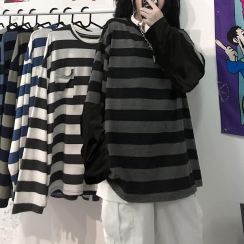 Harajuku Oversized Striped Shirt Grunge Clothes Y2K Crew Neck Baggy Shirts Emo Scene Clothes Streetwear Pullover3