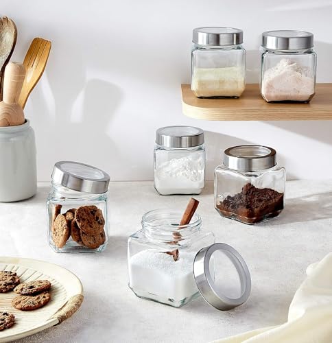 Image of CROCO JAR Square Glass Storage Containers 580ml | Transparent Airtight Kitchen Jars with Steel Lid | Cubical Glass Jars for Pantry, Snacks, Dry Fruits, Masala, Pickle & Coffee Beans | Pack of 6