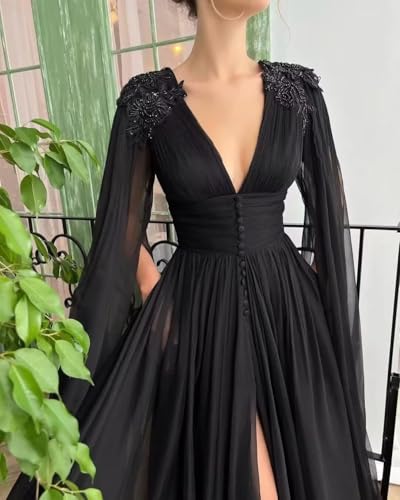 Women's Tulle Prom Dresses with Cape V Neck Lace Applique Ball Gowns Long Slit Formal Evening Dresses with Pockets3