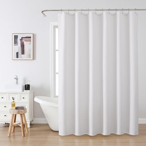 VANZAVANZU Shower Curtain for Bathroom with Metal Hooks Waffle Fabric Shower Curtain Heavy Duty Bath Curtain for Wet Room Bathtub Shower Stall, Weighted Hem, Water Resistant - 182 x 182cm (White)
