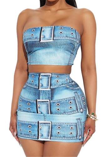 Women's Sexy 2 PCS Fake Denim Printed Tube Tops Bodycon Skirts Cocktail Party Dress Outfits Set