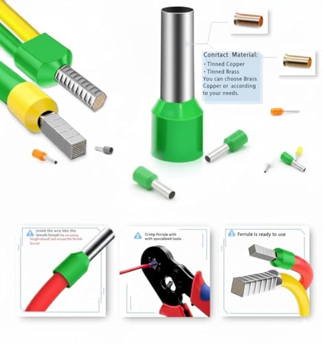Image of SAFE HOME PRO 100 Pcs 6.0mm Ferrule Copper Crimp Connectors Lugs End Termnal,Green Insulated Crimp Pin Terminals Copper Crimp Ferrules Wire Cord Pin End E6010 For Multiple Application (6mm) Green)