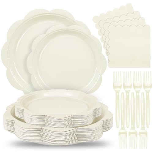 Houuqe 96 Pcs Ivory Paper Plates and Napkins Set Party Supplies Tableware set for 24 Guest include Disposable Ivory Scalloped Plates Napkins and Forks for Baby Shower Bridal Shower Wedding