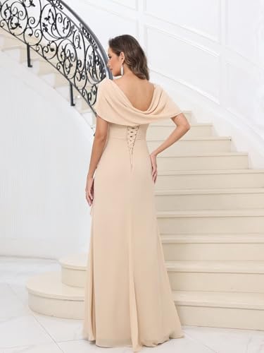 Chiffon Mother of The Bride Dresses Cap Sleeve Ruffles Long Formal Evening Party Gown with Split2