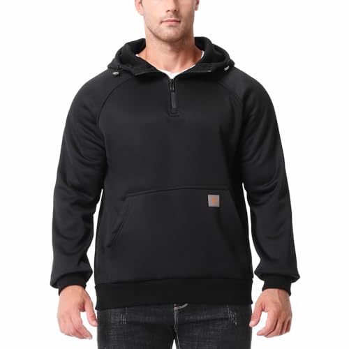 TerraFleet Mens Fashion Hoodie Fleece Warm Sweatshirt | Fleece-Lined Thickened Quarter-Zip Design Pullover Versatile for Daily Leisure(Black XL)