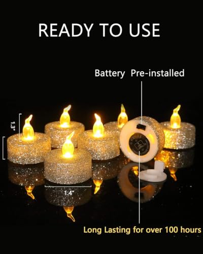 Image of 12Pcs Sliver Glitter Tea Light Candles Battery Operated with Timer