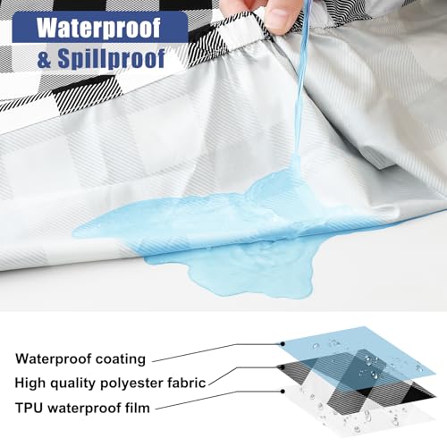 Smiry Picnic Table Cover with Bench Covers, Waterproof Elastic Fitted Tablecloths for 6 Foot Rectangle Tables, Washable Buffalo Plaid Tablecloth for Camping, Outdoor (Black & White, 30"x72")