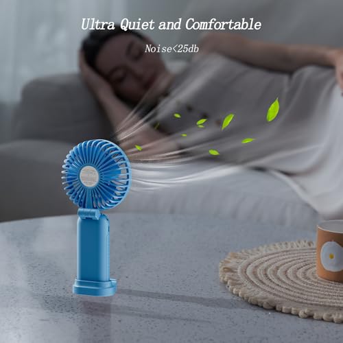 GOCKERA Portable Fan, 4200mAh Battery Operated Fan, 5 Speeds&Digital Display, Makeup Fans for Women with Base, 180°Foldable 3in1 Handheld/Neck/Desk Fan for Outdoor Indoor,Ultra Quiet (sky blue)