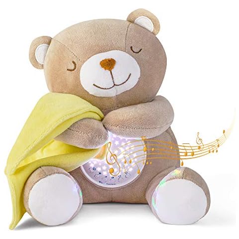 APUNOL Einschlafhilfe Babys Musik und Licht, Babys Nachtlicht Projektor Wiederaufladbar kinder Babyparty Geschenk Mädchen und Junge Spielzeug Teddy mit Weißes Rauschen, Weinen Erkennungs Sensor Cover
