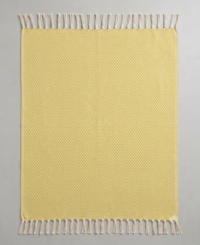Image of HAKAM Mint Green Jacquard Pure Cotton Throw for 3 Seater Sofa with Tassels | 182x248 cm | Vintage Throw for Sofa, Bed, Chair & Travel - Ideal for All Season | Pack of 1 - VR (Yellow, 127X203 cm)