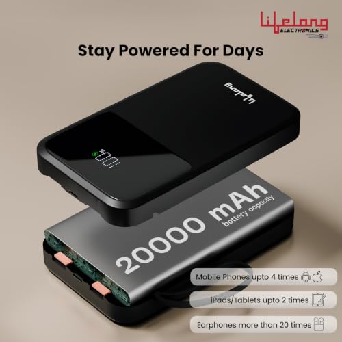 Image of Lifelong Electronics 20000mAh 22.5W Fast Charging Power Bank | 3 Inputs (1 Built-in USB A Cable + 1 C + 1 Lightning Port) & 6 Outputs (3 Built-in Cables + 1 C + 2 A Port) | Small Pocket Size Powerbank