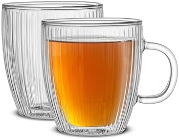 JoyJolt Fluted Glass Coffee Mugs, Double Wall Coffee Mugs. 13.5oz Clear Coffee Mug Set of 2. Latte Glasses, Glass Cappuccino Mugs, Clear Glass Coffee Mug. Ribbed Mugs
