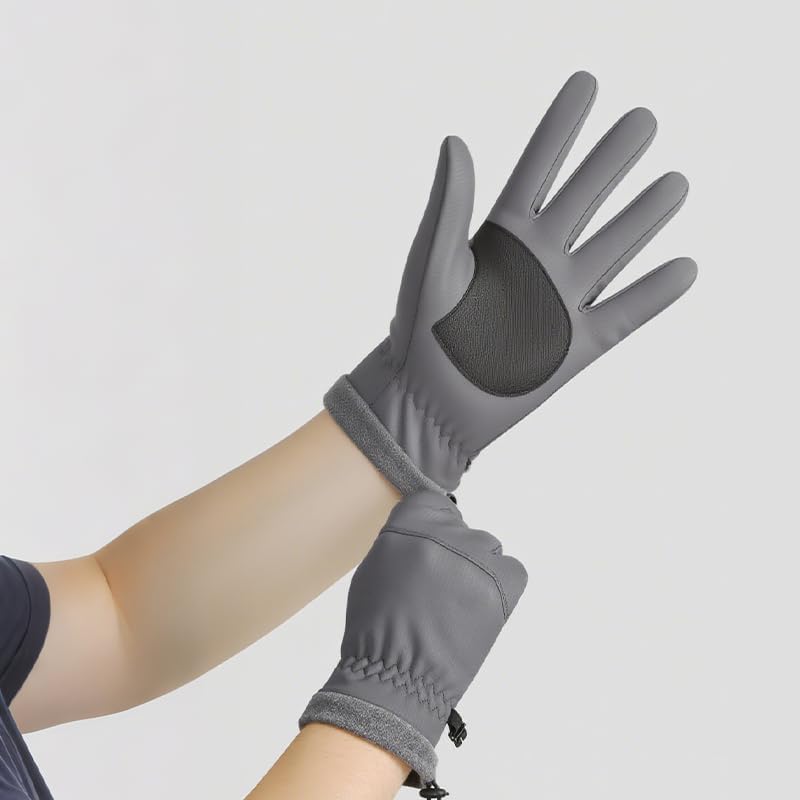 Winter Thermal Cycling Gloves, Windproof Faux Leather with Adjustable Drawstring & Touchscreen Fingers, Non-Slip Grip for Cold Weather Biking, Black and Grey - Image 7