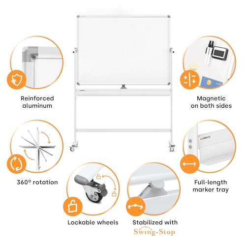 Image of Rolling Dry Erase Board 46 x 32 - Large Portable Magnetic Whiteboard with Stand - Double Sided Easel Style with Wheels - Mobile Standing Whiteboard for Office, Classroom & Home