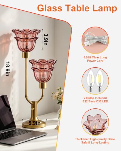 Image of Lightdot Mid Century Modern Flower Table Lamp Vintage Pink Lamp Dimmable | Nightstand Lamp Glass Gold Desk Lamp 2 Bulbs Included Warmwhite Ambient Bedside Lamps for Living Room Bedroom Home Decor Gift