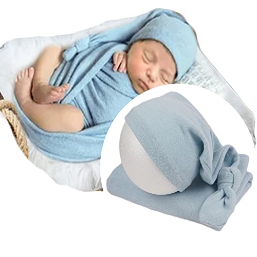 Newborn Photography Wraps with Hat Baby Photo Outfit Girl Stretch Blanket Infant Boy Props for Baby Photo Shoot (Blue)