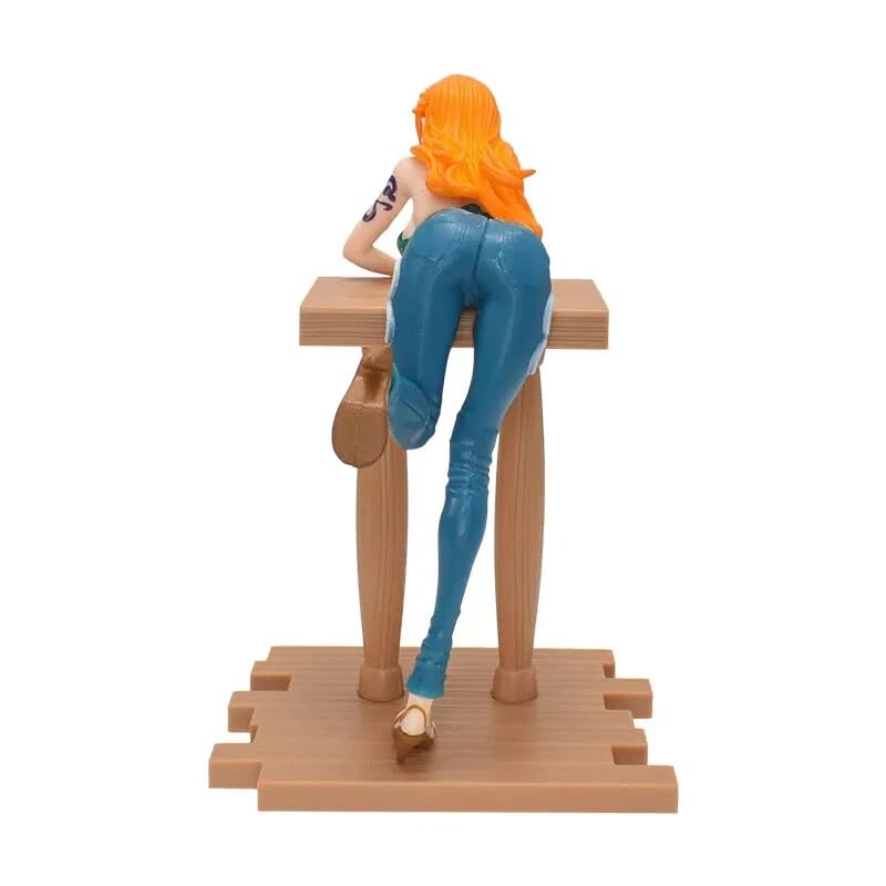 Image of One Piece Nami Grandline Journey Style Action Figure | 17cm Nami Figure Leaning Pose in Green Bikini & Tight Blue Jeans with Wooden Base Figure for Table & Desk Decor, Gift For Anime Fans