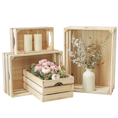JUMBO HUMBLE Large Wooden Crates Unfinished Set of 4 Storage Crates, Decorative Wood Storage Crate for Display Rustic, Nesting Wooden Container Boxes Made from 100% Wood