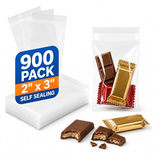 900ct Tiny Crystal Clear Adhesive Cello Bags 2'' x 3'' (5.1 x 7.6cm) for Treat, Bakery, Candle, Soap, Cookie Plastic Packaging Bags (Not Zip)