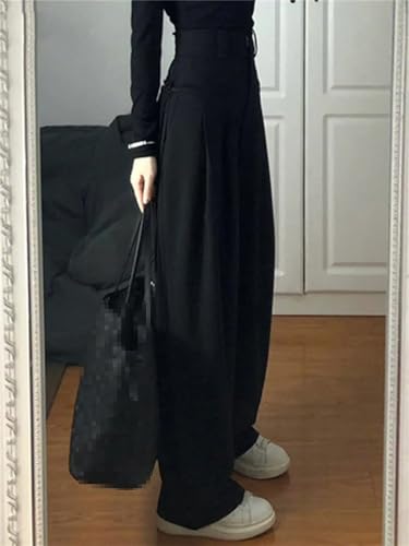 Women Solid Color Suit Pants High Waist Pockets Zipper Casual Length Wide Leg Trousers2