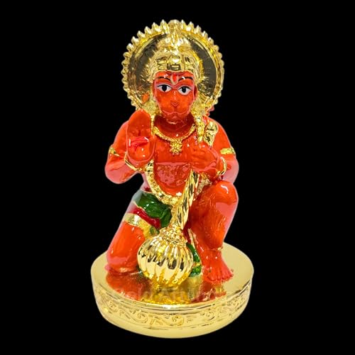 Image of Gold Art India Hanumanji Sitting with Gada Gold Plated Hanuman Statue for Car Dashboard, Hanuman ji murti for Home Decor, Office Shelves, and Gifts Orange /Kesari (2.8 x 1.6)