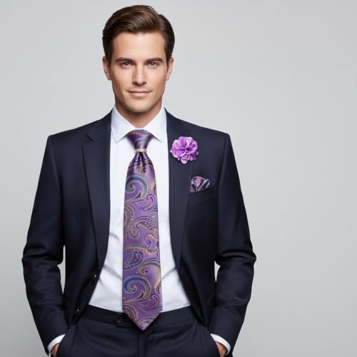 Image of 5PCS Mens Premium Silk Tie, Pocket Square, Cufflinks, Drilled Tie Ring and Lapel Pin Set for Wedding Groom Party