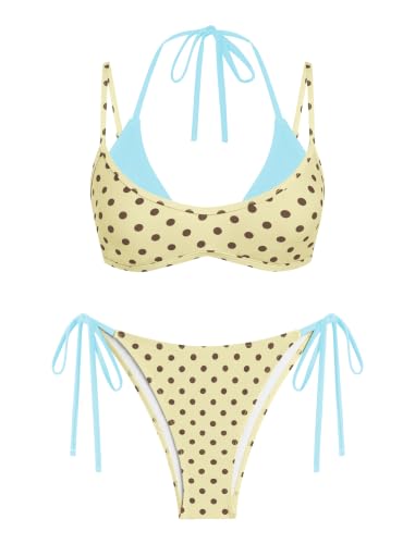 Image of ZAFUL Women's Polka Dot Bikini Set Double Layer Halter Swimsuit Colorblock Side Tie 2 Piece Bathing Suit