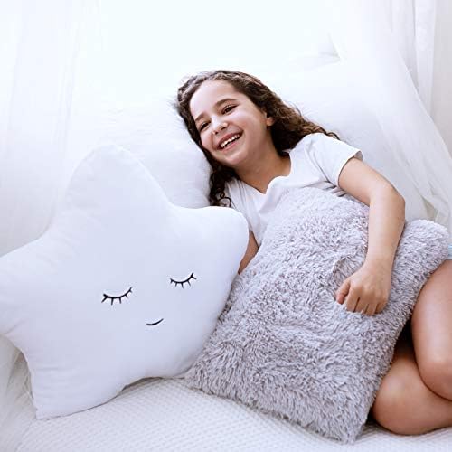 PERFECTTO Set of 2 Decorative Pillows for Girls Boys, Toddler Kids Room. White Fluffy Star and Furry Grey Pillow. Soft Plush Cute Throw Pillows for Bedroom Décor. Fun Pillows for Teepee Tent