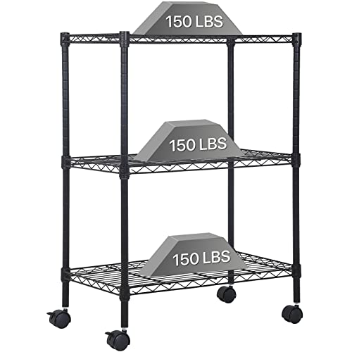 Dkelincs Wire Shelving Unit 23''L×13''W×31''H NSF Metal Storage Shelves 3 Tier Height Adjustable Wire Shelf with 4 Wheels for Kitchen Office Pantry Bathroom Garage, Black