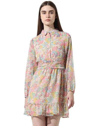 Image of ONLY Floral Printed Shirt Collar Tiered Chiffon Fit & Flare Dress