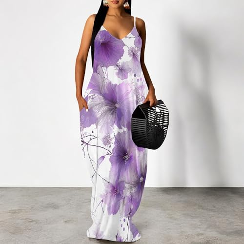 Image of Women's Summer Maxi Dress Spaghetti Strap Floral Boho Beach Long Sundress with Pockets