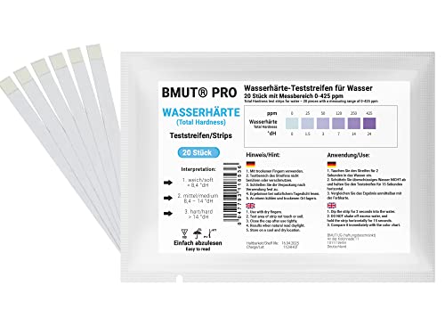 BMUT 20x Wasserhärte Teststreifen Testkit - °dH Deutscher Härtebereich in weich, mittel und hart sowie 0-425 ppm, Gesamthärte