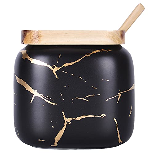VanEnjoy Decorative Marble Pattern Ceramic Sugar Spice Containers Porcelain Jar with Bamboo Lid and Spoon Condiment Jar for Home