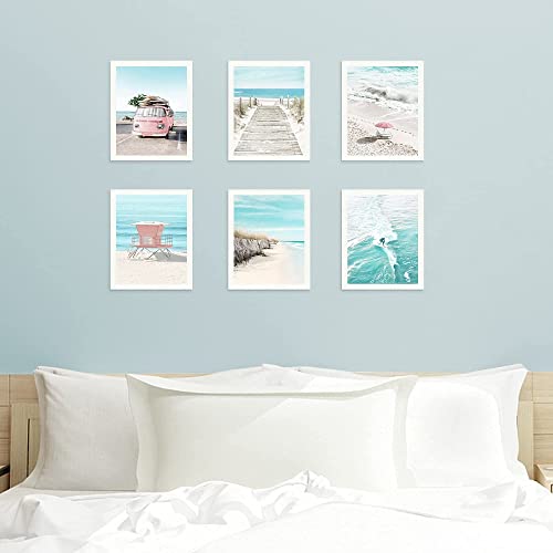 Coastal Wall Art Beach Prints Decor Set Of 6 Summer Seascape Theme Pictures Boardwalk, Beach Chair, Pink Van, Surfing Posters For Home Unframed 8X10 Inch #TOP3